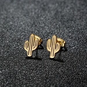 Cactus Stud‎ Earrings Gold Tone Stainless Steel Western Desert Minimalist